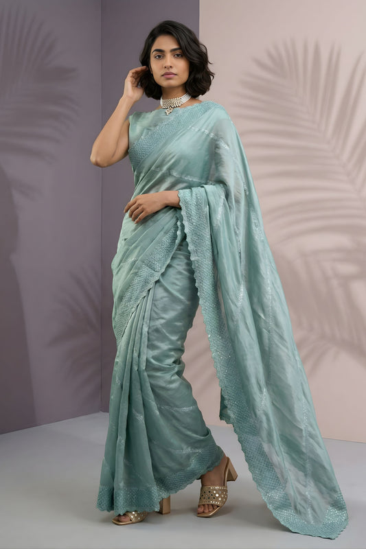  Sea Green Silk Saree with Embroidered Border Designer Blouse