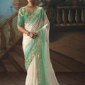 Mint Green White Embroidered Designer Saree with Golden Zari Work