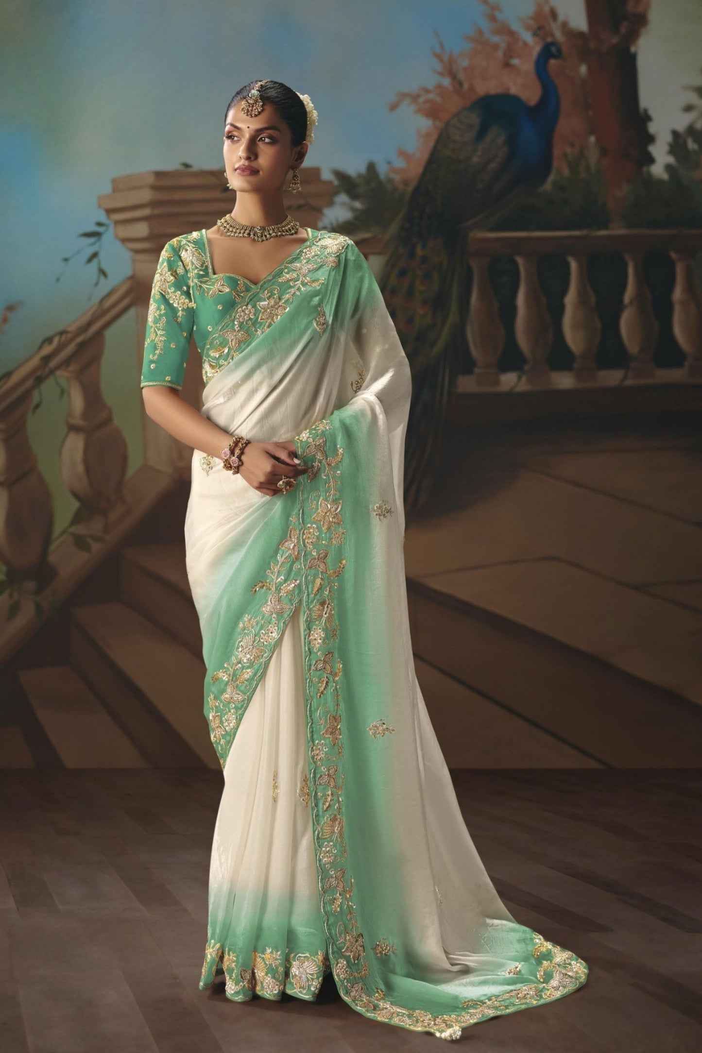 Mint Green White Embroidered Designer Saree with Golden Zari Work