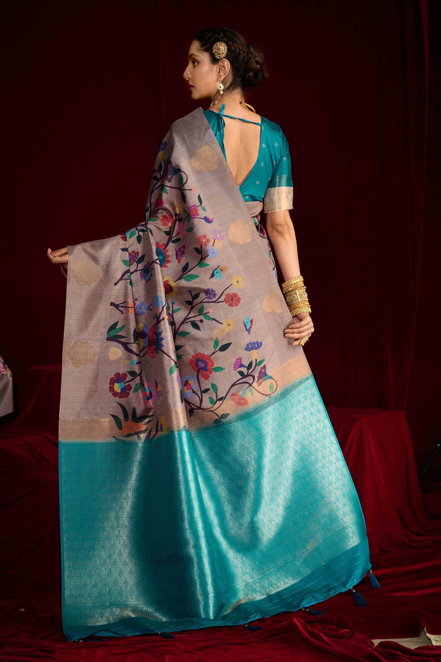 Grey Silk Saree with Multicolor Turquoise Banarasi Pallu