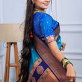 Teal Blue Kanjivaram Silk Saree with Gold Zari Border Butti Work