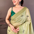 Elegant Pistachio Green Linen Cotton Saree Floral Print Pallu