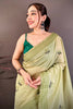 Elegant Pistachio Green Linen Cotton Saree Floral Print Pallu