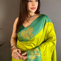 Lime Green Soft Silk Saree with Contrast Aqua Border Designer Pallu