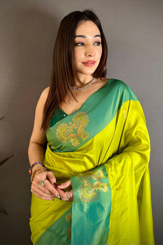 Lime Green Soft Silk Saree with Contrast Aqua Border Designer Pallu