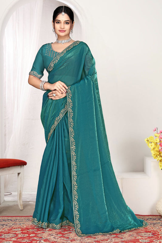 Sea Green Silk Saree with Rich Golden Zari Border Designer Saree