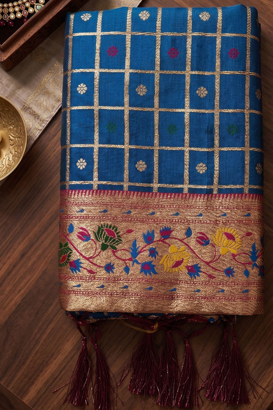 Royal Blue Paithani Silk Saree Traditional Zari Border Magenta Designer Blouse