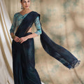 Navy Blue Striped Organza Saree with Designer Teal Printed Blouse