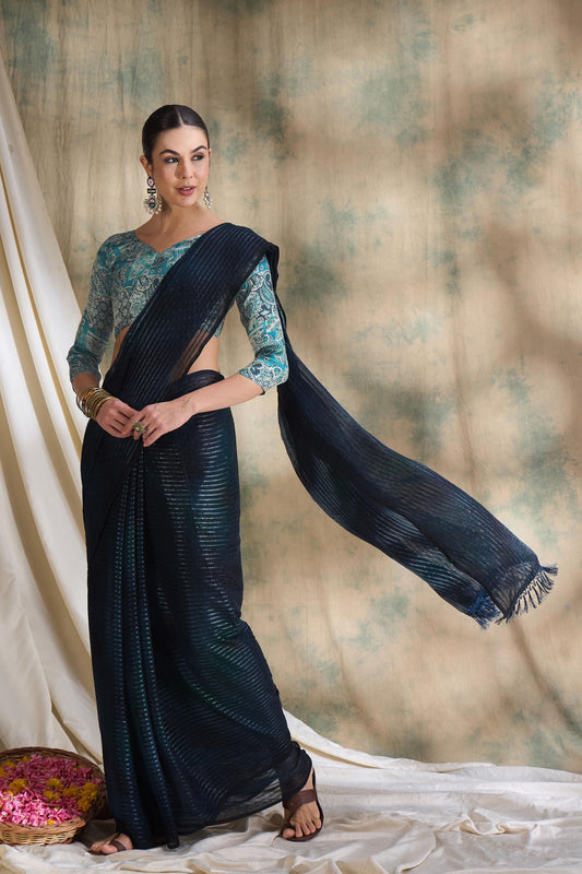 Navy Blue Striped Organza Saree with Designer Teal Printed Blouse