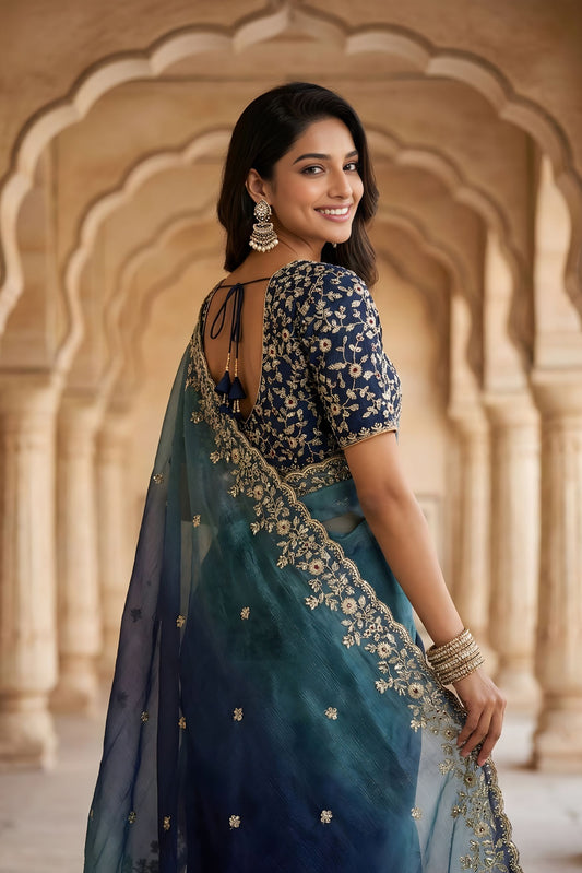 Teal Blue Ombre Organza Saree with Heavy Zari Embroidered Border