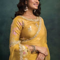 Mustard Yellow Embroidered Net Saree with Sequin Border