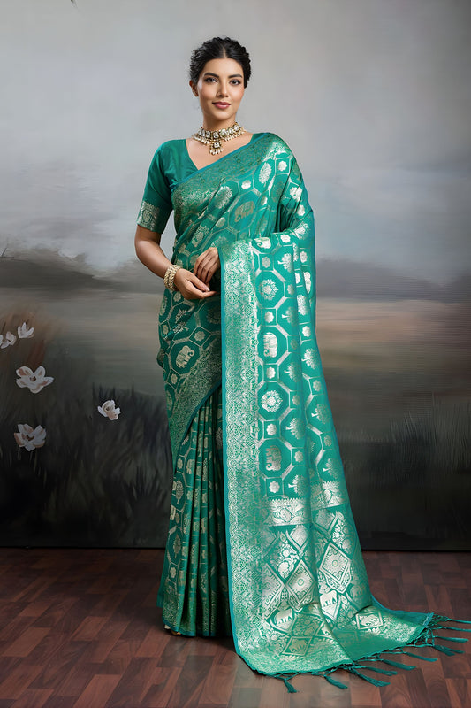 Green Banarasi Silk Saree with Rich Gold Zari Weaving Traditional Motifs