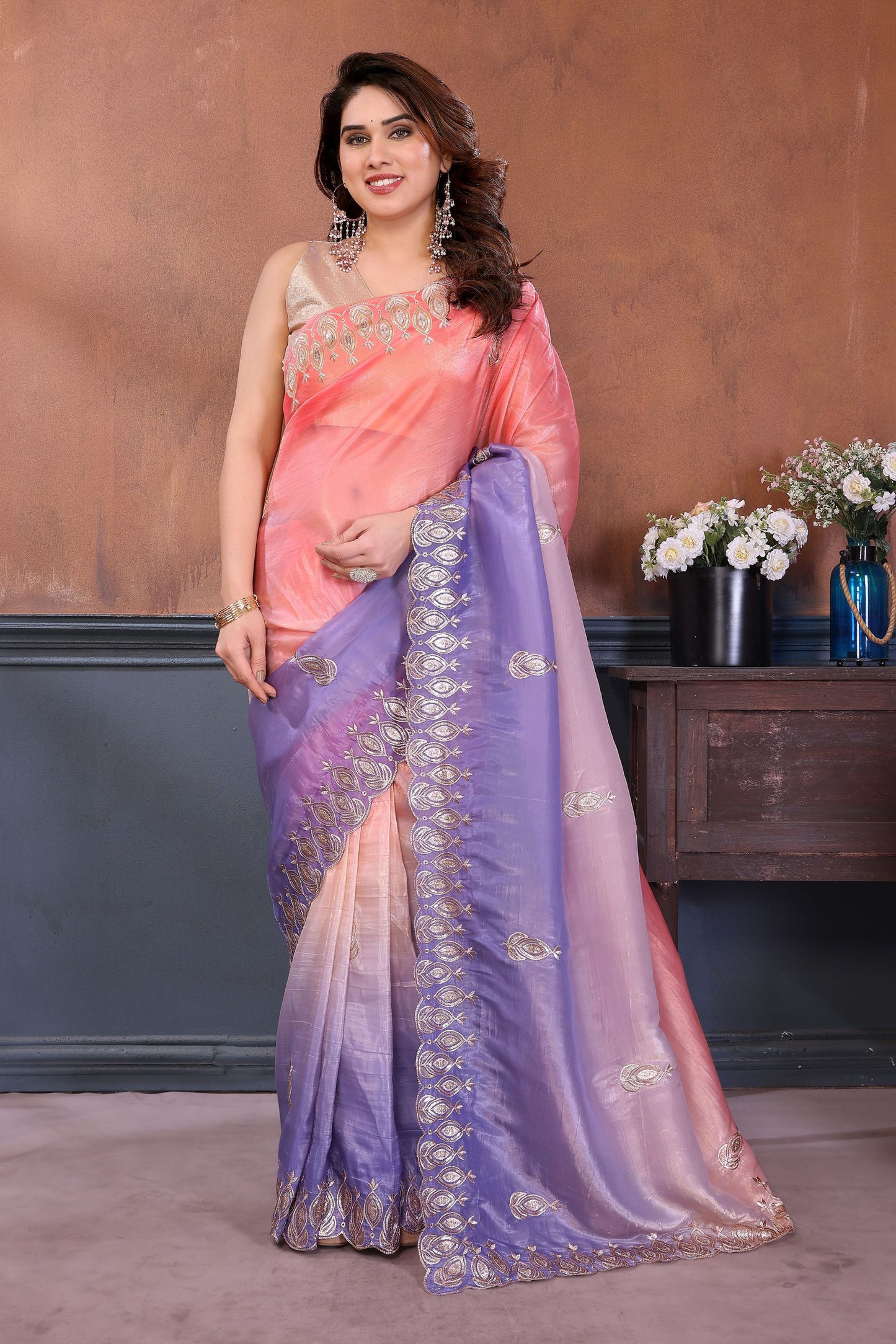 Pink Lavender Embroidered Organza Silk Saree Designer Border