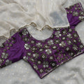 Off White Georgette Saree Golden Butti Designer Purple Floral Blouse