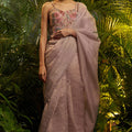 Dusty Mauve Crushed Tissue Saree Designer Embroidered Blouse
