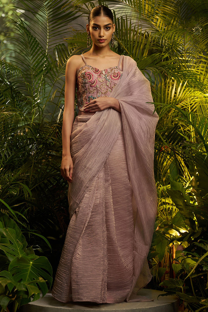 Dusty Mauve Crushed Tissue Saree Designer Embroidered Blouse