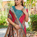 Rani Pink Silk Saree Teal Border Multicolor Peacock Weaving Work