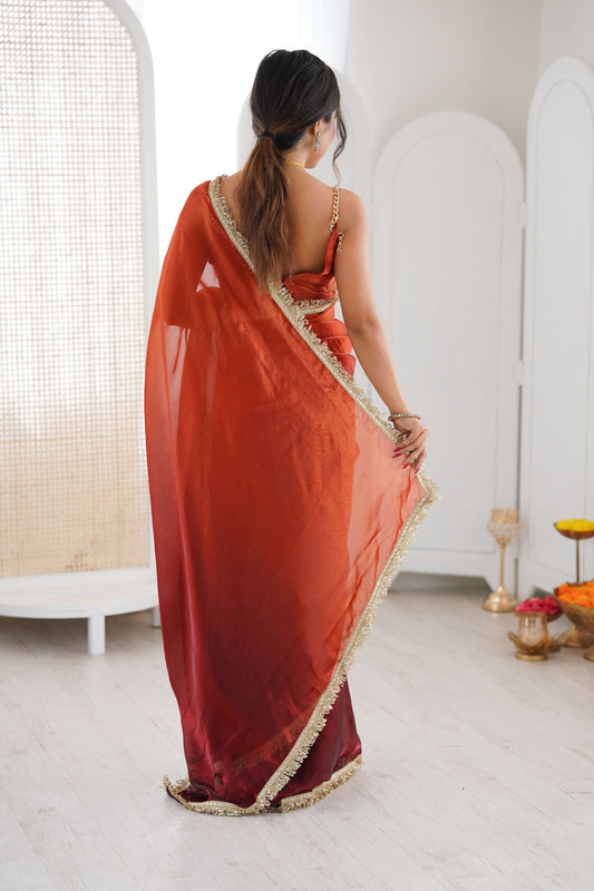 Wine Red Organza Silk Saree Designer Gold Lace Border Matching Blouse