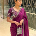 Wine Purple Organza Silk Saree Sequins Embroidered Border Designer Blouse