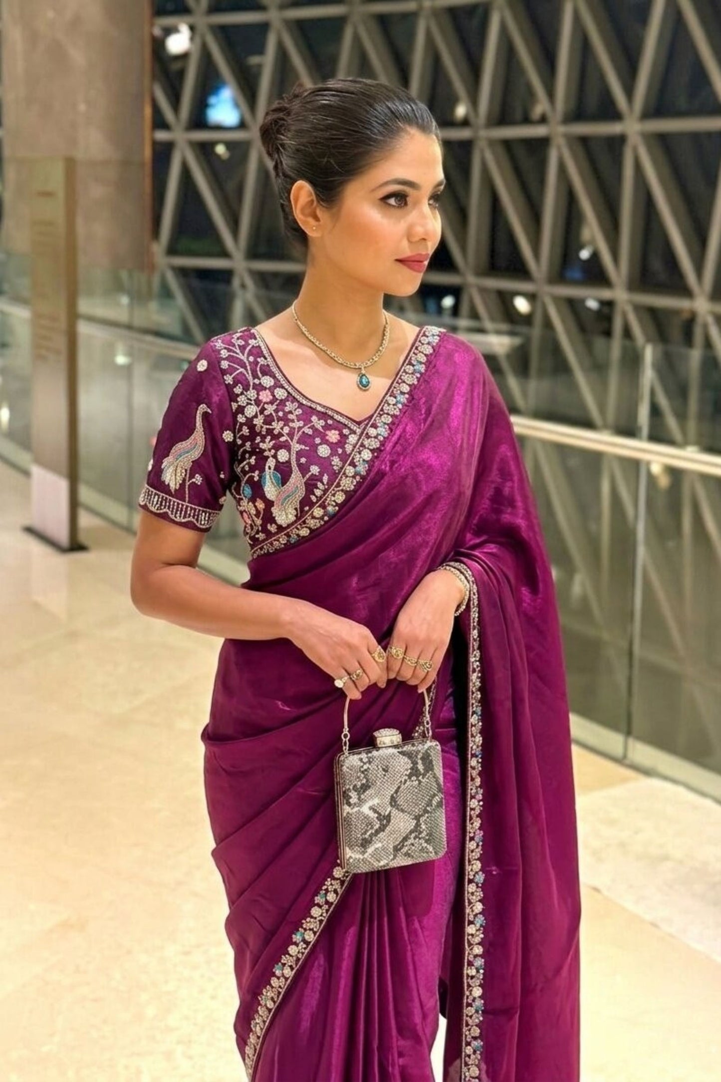 Wine Purple Organza Silk Saree Sequins Embroidered Border Designer Blouse