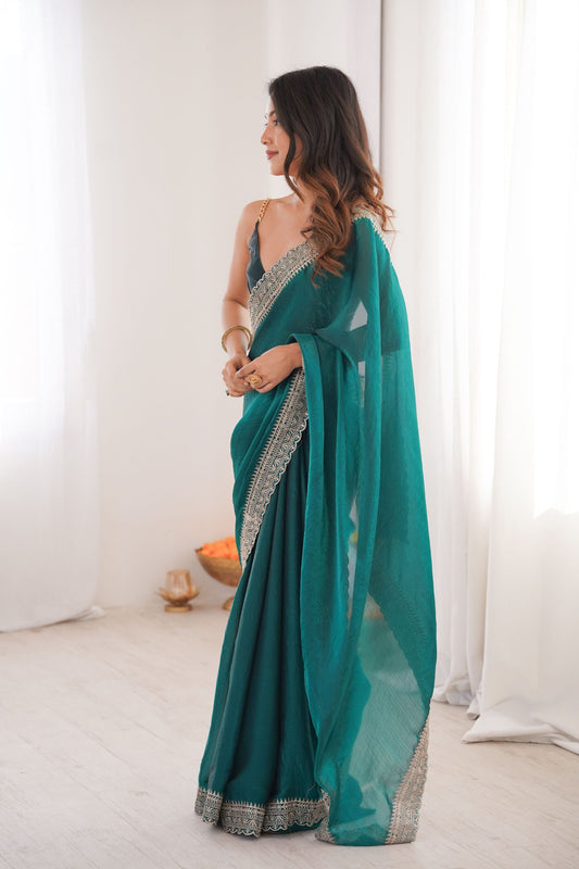 Teal Green Organza Saree with Designer Embroidered Border