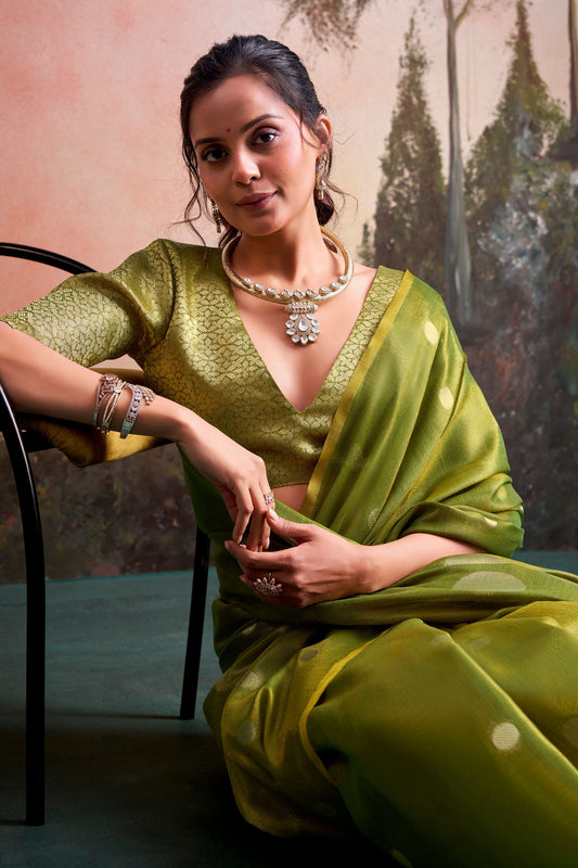 Olive Green Silk Saree with Zari Polka Dot Weaving Designer Saree