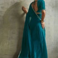 Teal Green Chiffon Saree with Zari Border Embroidered Blouse