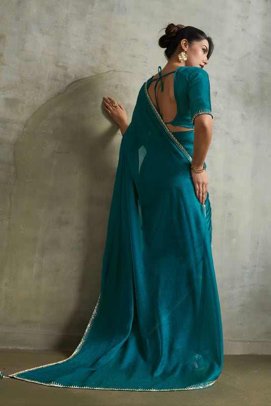 Teal Green Chiffon Saree with Zari Border Embroidered Blouse