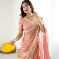 Elegant Peach Pink Organza Silk Saree with Heavy Designer Blouse