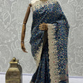 Navy Blue Banarasi Silk Saree Heavy Zari Embroidery Rich Designer Border