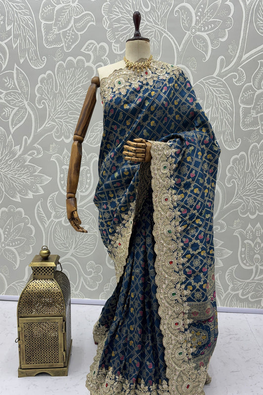 Navy Blue Banarasi Silk Saree Heavy Zari Embroidery Rich Designer Border