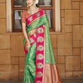 Green Rani Pink Kanjivaram Silk Saree Gold Zari Peacock Motifs Saree