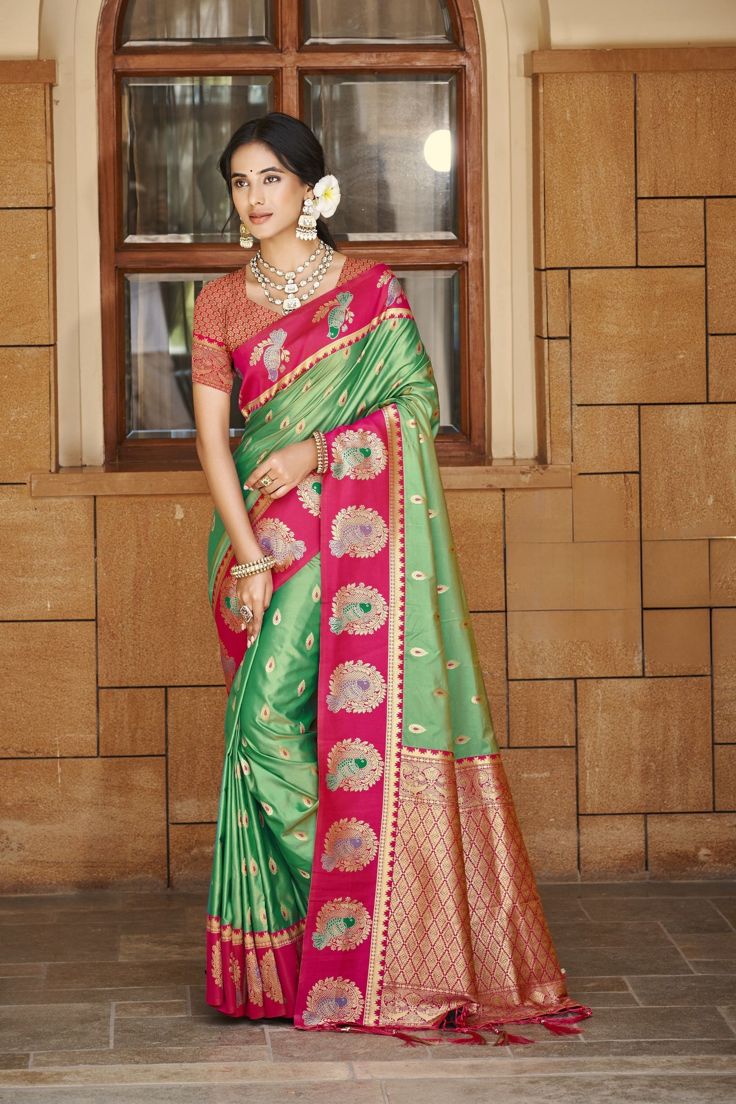 Green Rani Pink Kanjivaram Silk Saree Gold Zari Peacock Motifs Saree