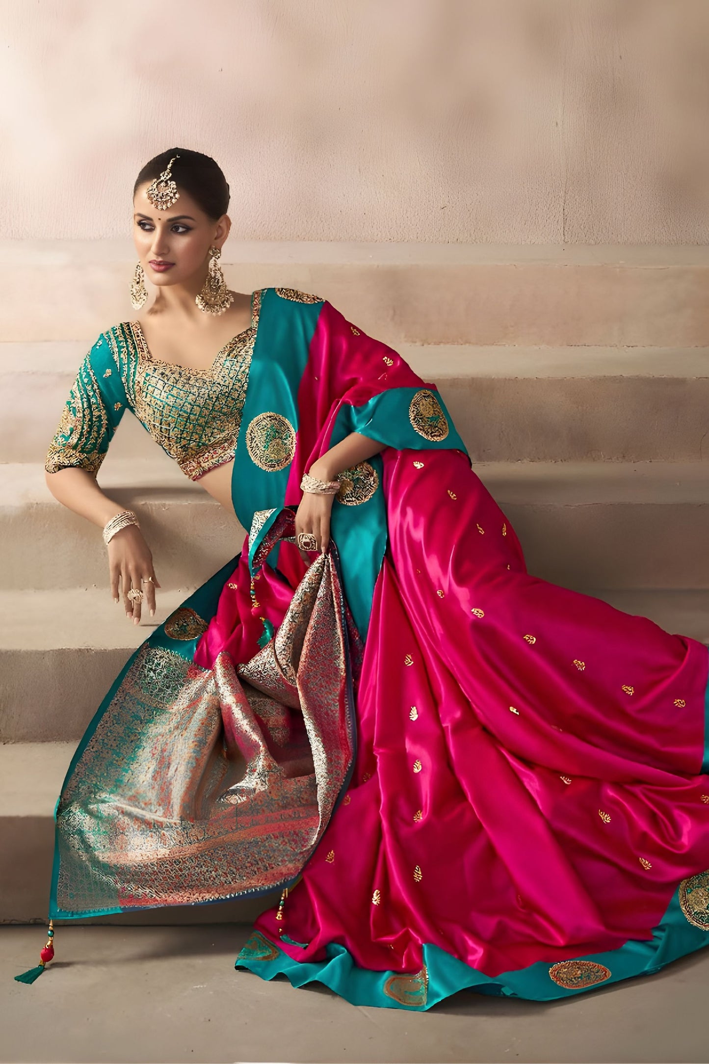 Rani Pink Silk Saree with Teal Green Zari Border Traditional