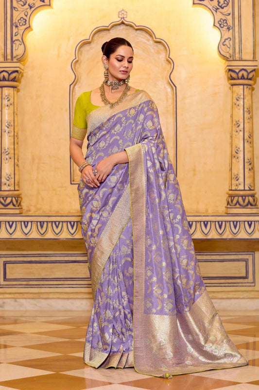 Lavender Banarasi Silk Saree With Golden Zari Contrast Green Blouse