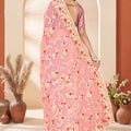 Designer Dusty Pink Net Floral Embroidered Saree Heavy Border Blouse