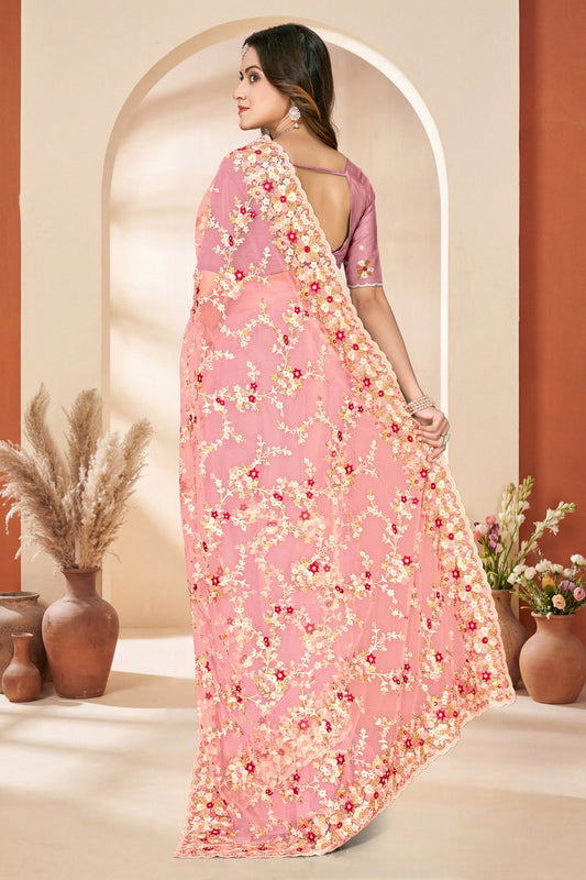 Designer Dusty Pink Net Floral Embroidered Saree Heavy Border Blouse