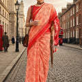 Peach Floral Printed Cotton Saree with Red Border Designer Blouse 