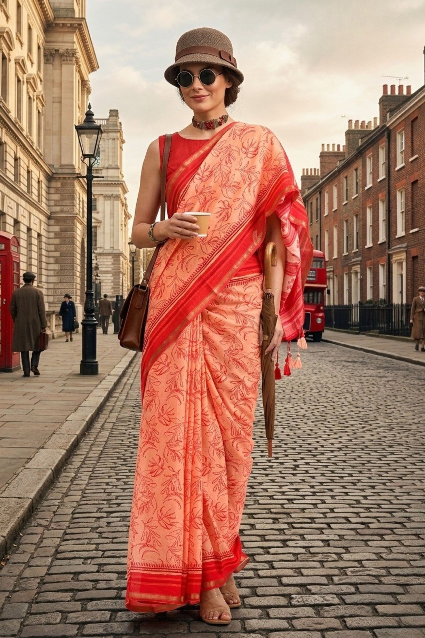Peach Floral Printed Cotton Saree with Red Border Designer Blouse 