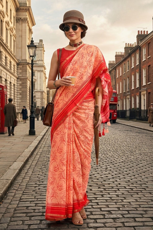 Peach Floral Printed Cotton Saree with Red Border Designer Blouse 