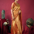 Peach Orange Banarasi Silk Saree Golden Zari Weaving Designer Blouse