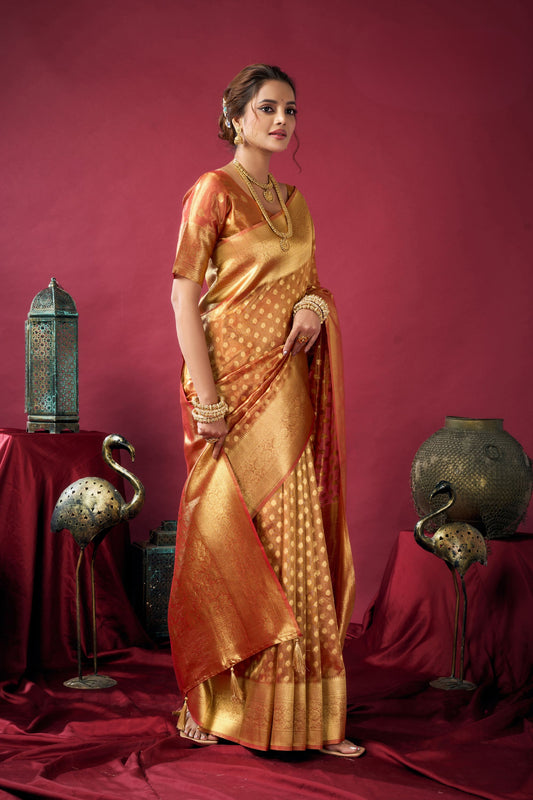 Peach Orange Banarasi Silk Saree Golden Zari Weaving Designer Blouse