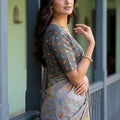 Grey Printed Linen Silk Saree with Multicolor Floral Leaf Design