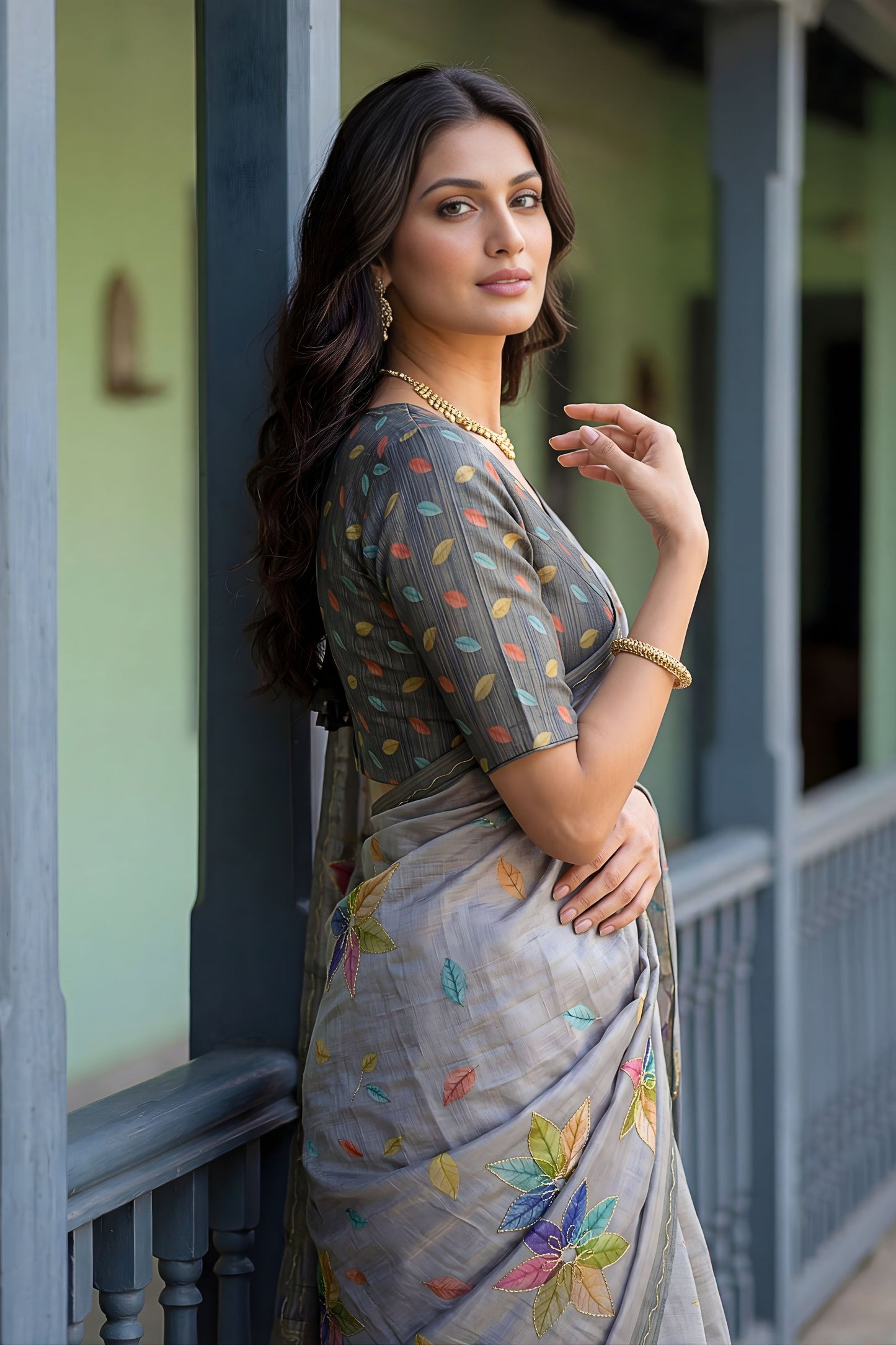 Grey Printed Linen Silk Saree with Multicolor Floral Leaf Design