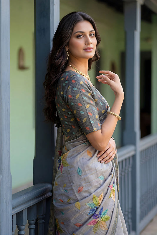 Grey Printed Linen Silk Saree with Multicolor Floral Leaf Design