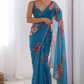Teal Blue Floral Georgette Saree with Designer Border
