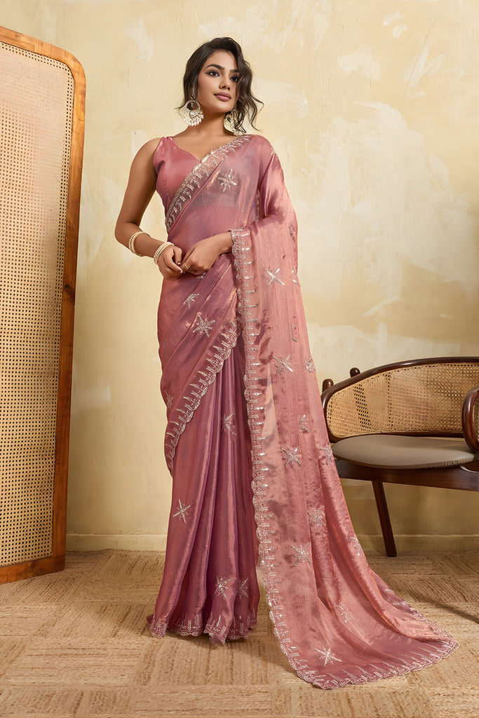 Dusty Pink Designer Saree Embroidery Sequin Georgette Saree