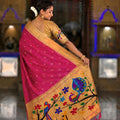 Rani Pink Cotton Silk Saree Golden Border Peacock Floral Designer Pallu