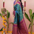 Teal Green Silk Saree Magenta Pink Woven Border Traditional Design