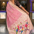 Pink Tussar Silk Saree with Multicolor Bird Floral Motif Pallu